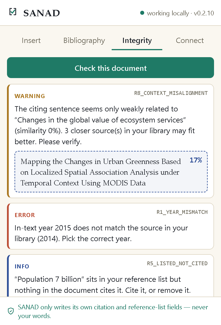 SANAD Word add-in showing integrity check findings
